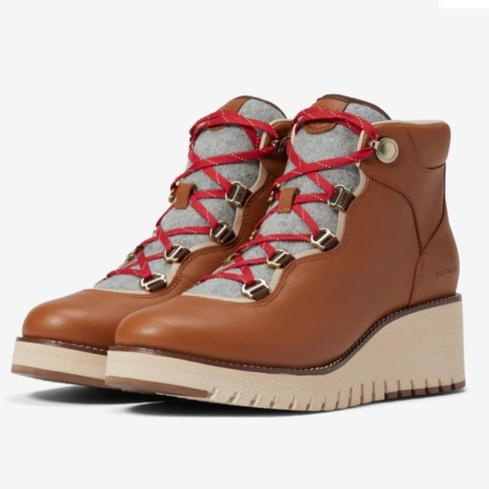 COLE HAAN ZEROGRAND Waterproof City Lace Up Brown Leather + Wool Wedge Boots 8